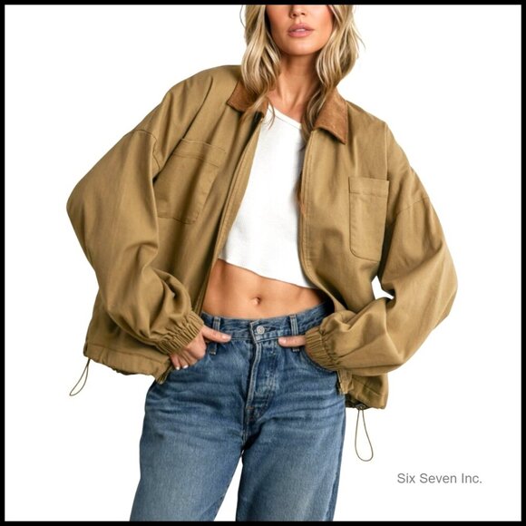 Jackets & Blazers - Corduroy Collar Utility Jacket Cinchable Hem Lightweight Workwear Chic Vintage